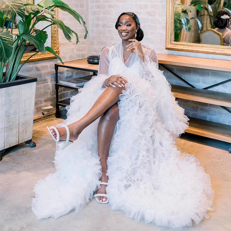 Luxury Maternity Dresses Puffy Tulle Long Women Robe Wedding Bridal Sleepwear Nightwear Front Split BabyShower Gown Photoshoot