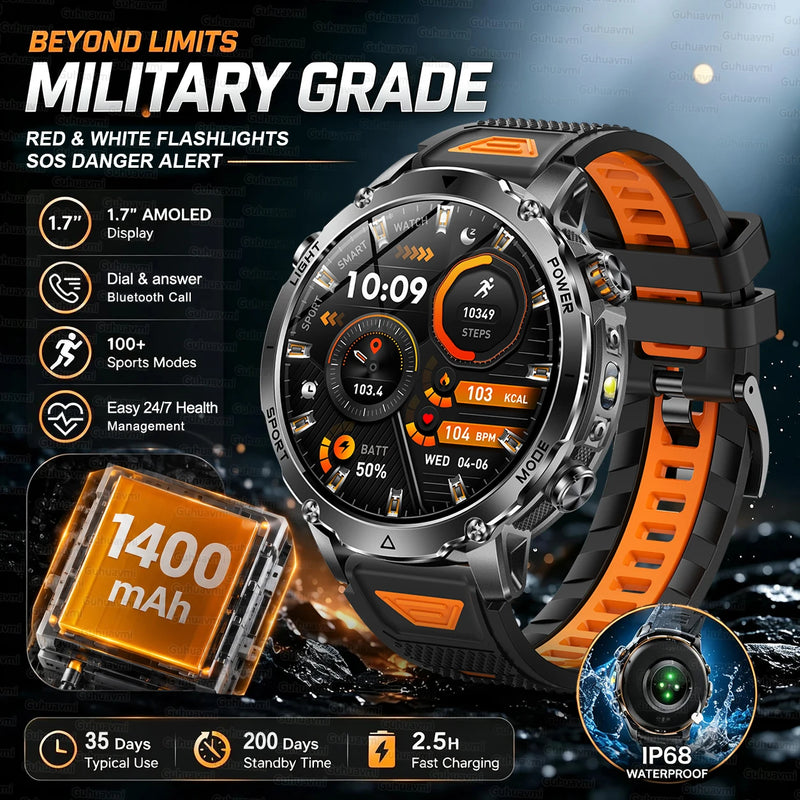 New 1400mAh Big Battery Smart Watch Men Outdoor GPS Flashlight IP68 Waterproof Bluetooth Call AMOLED Military Sports Smartwatch