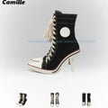 Retro Canvas Front Lace Up Sports High Heel Boots 2025 Mixed Color Mid Calf Casual Boots Pointed Toe Inner Zipper Modren Boots