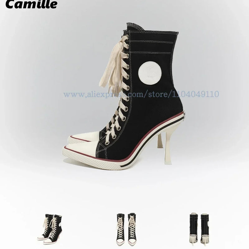 Retro Canvas Front Lace Up Sports High Heel Boots 2025 Mixed Color Mid Calf Casual Boots Pointed Toe Inner Zipper Modren Boots