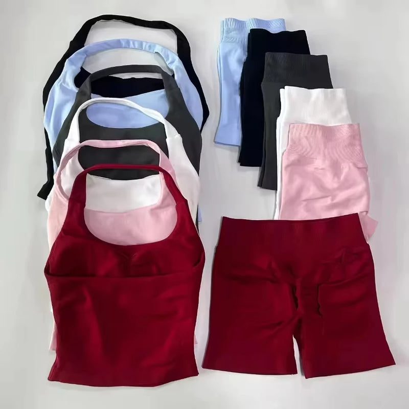 1-2pcs Gym Set Women Backless Tank Tops High Waist Scrunch Seamless Shorts High Waist Yoga Leggings Workout Sets Gym Suit