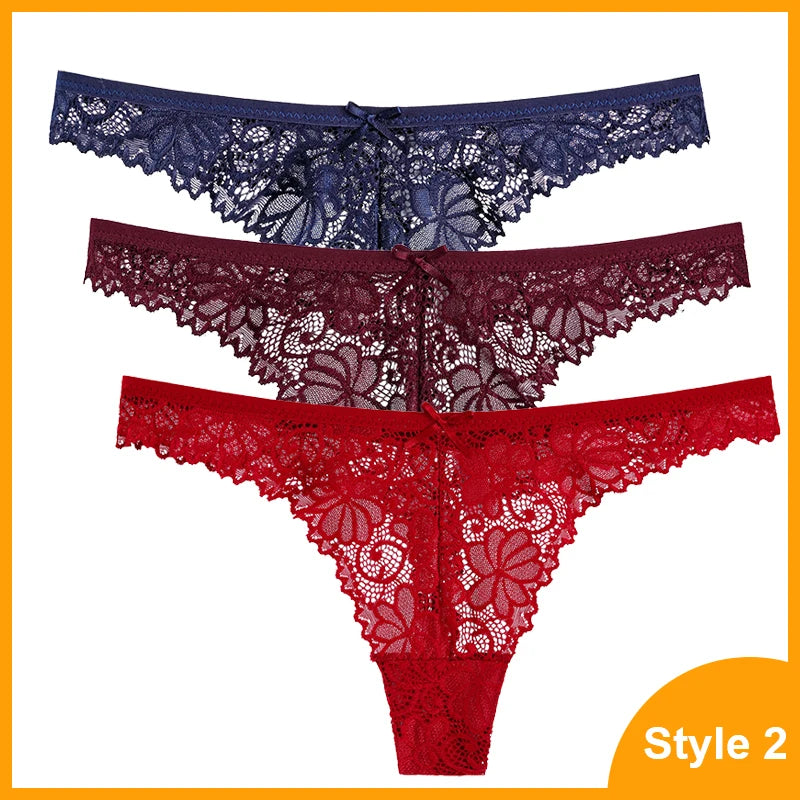 3 Pcs Woman Panties Sexy Lace Thong Underwear Lingerie Female T-back Temptation Low Waist Women Transparent G String