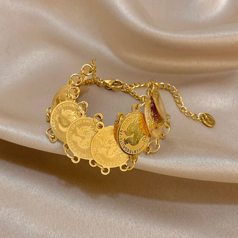 Vintage Gold Plated Stainless Steel Coins Wrist Bracelet for Women Men Classic Ethnic Cuff Bracelets Waterproof Jewelry