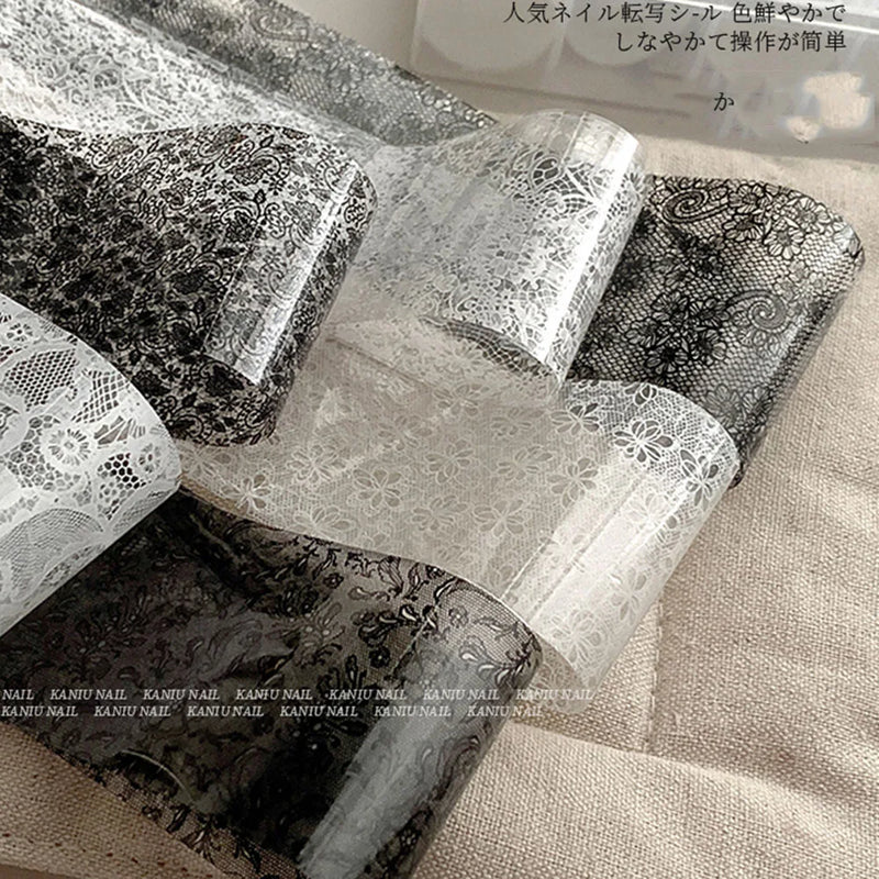 10 Rolls/Box New Black&White Lace Nail Transfer Stickers Sexy Lace Flower Full Wraps Nail Decals DIY French Manicure Decorations