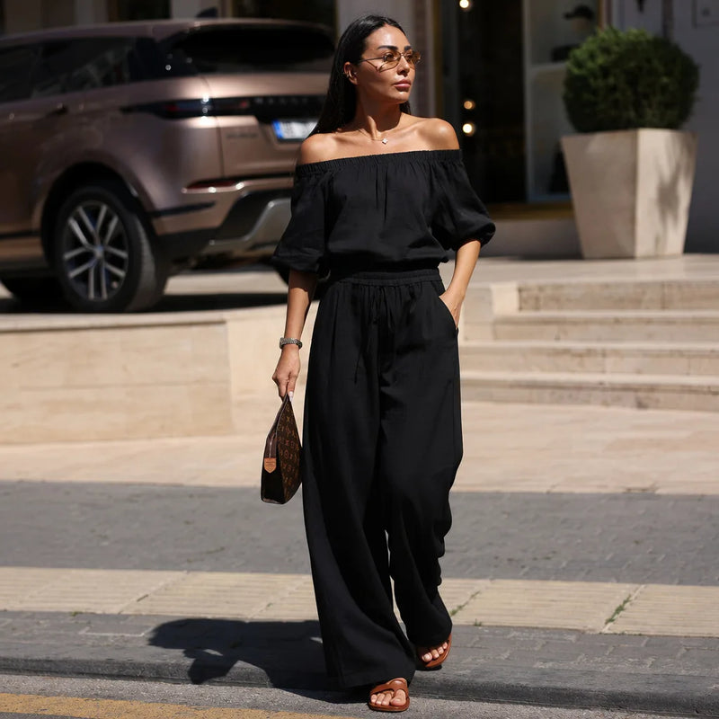 ZEKYE Waist Feeling Wide Legs Solid Color Breathable Top Women's Style Linen Suit Pants Vacation Two-piece Set Shoulder Light