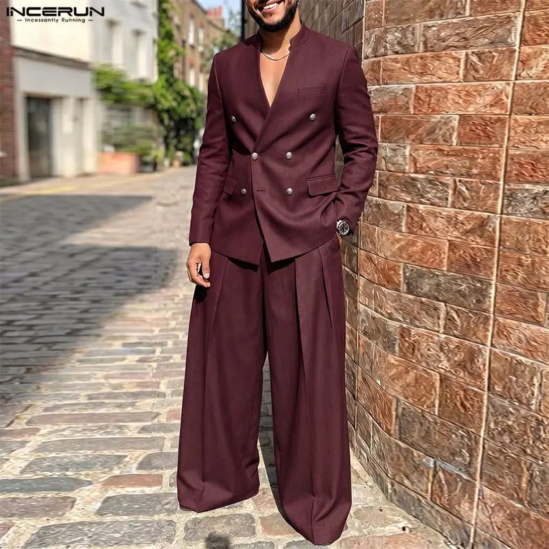 INCERUN Men's Sets Solid Color V Neck Long Sleeve Blazer Pants Two Piece Elegant Streetwear Fashion Matching - View 2 | SAMAG