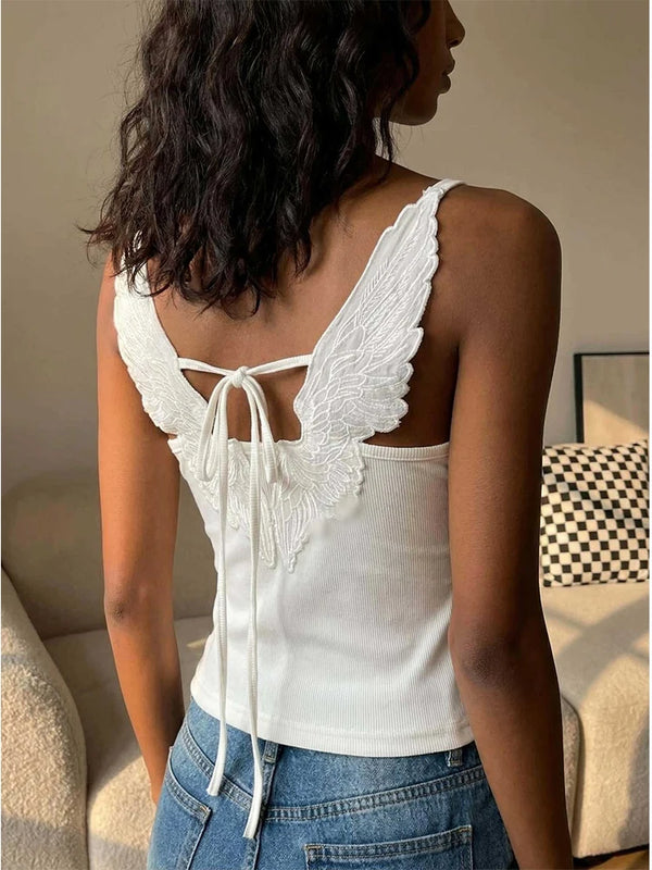 Women Angel Wing Lace Cami Top Back Bow Tie Sleeveless Tank Top Y2K Slim Fit Crop Camisole Summer Streetwear Vest