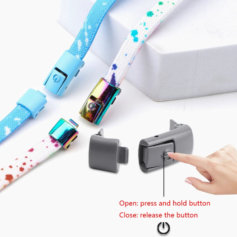 No Tie Shoelaces for Sneakers Colorful Press Metal Lock Shoelace Splashing Ink Print Flat Elastic Laces Without Ties Shoe Laces