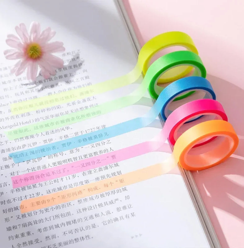 5Rolls Transparent Fluorescent Index Tabs Flags 5 Colors Book Annotation Sticky Note Highlighter Tape School Office Supplies