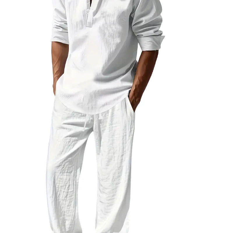 Men's White Linen Suit Set Long Sleeve Henley Shirt and Elastic Waist Pants Two Piece Outfit Summer Casual - View 6 | SAMAG