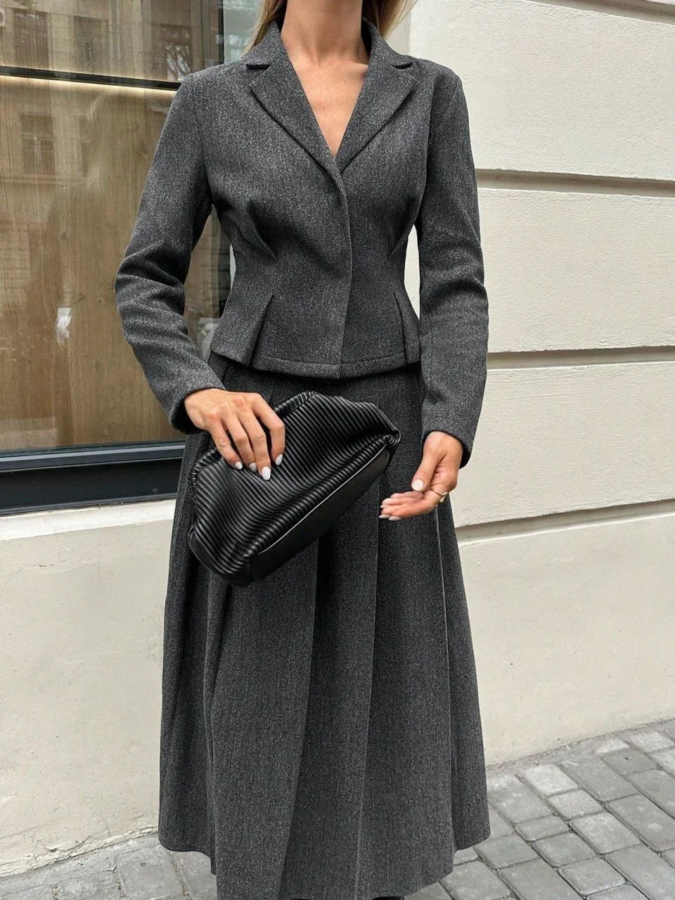 Women Two Piece Skirt Set Women Puff Sleeve Lapel Blazer Coat High Waist Pleated Midi Skirt Suit Autumn Lady Formal Outfit