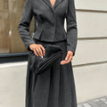 Women Two Piece Skirt Set Women Puff Sleeve Lapel Blazer Coat High Waist Pleated Midi Skirt Suit Autumn Lady Formal Outfit