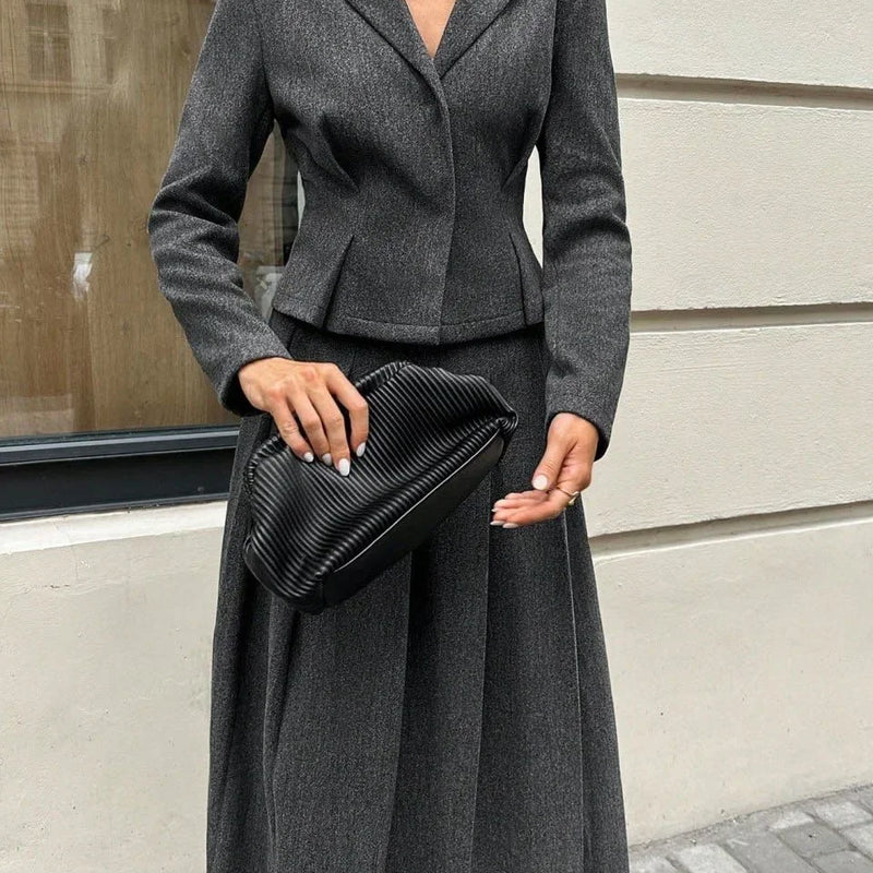 Women Two Piece Skirt Set Women Puff Sleeve Lapel Blazer Coat High Waist Pleated Midi Skirt Suit Autumn Lady Formal Outfit