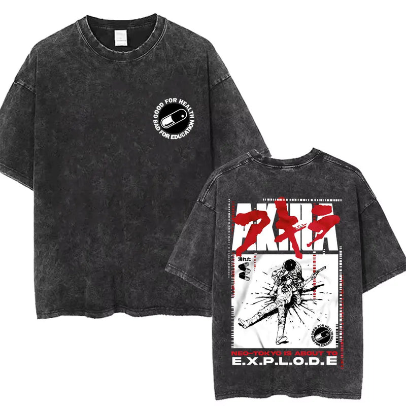 Washed Retro Japanese Anime Akira Print 100%Cotton Men Woment T-shirt Summer Autumn Daily Sports Party Casual Loose Short Sleeve