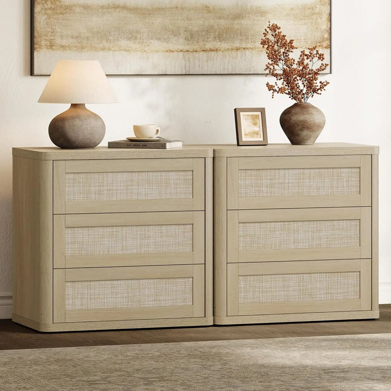 Rattan Night Stand Set of 2, Oversized 3-Drawer Nightstand, Large Bedside Table Boho End Table Storage Cabinet with, Customized