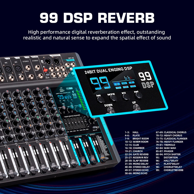 Debra DP-10 Audio Mixer DJ Controller 10-channel 99 DSP Reverb Recording Mixer with Bluetooth 5.0 Professional Performance