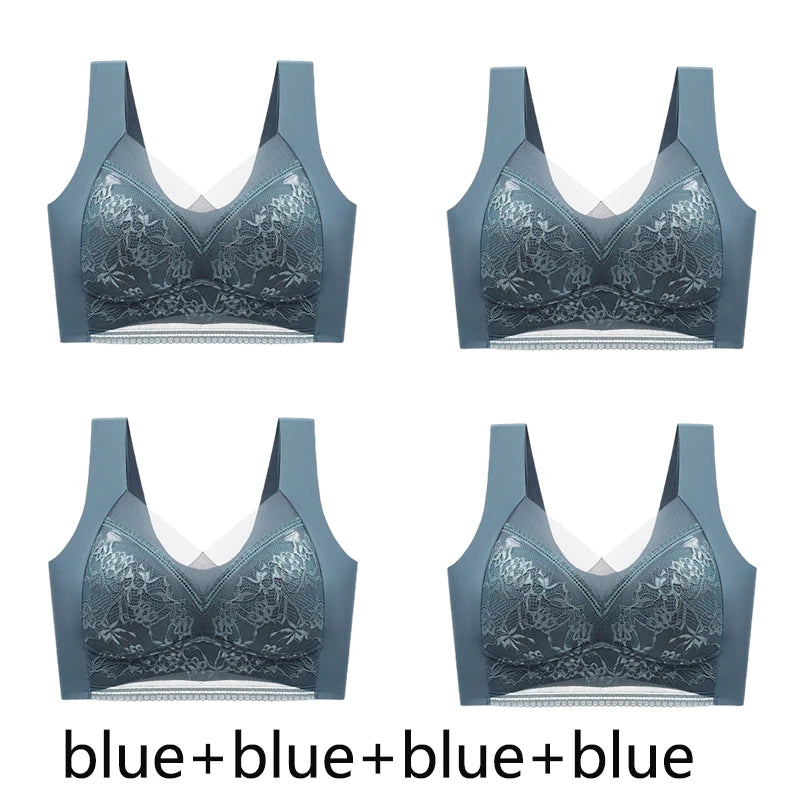 FallSweet 4PCS Plus Size Ice Silk Bra for Women Seamless Push Up Bralette Wireless Lace Brassiere Summer Underwear Lingerie Tops