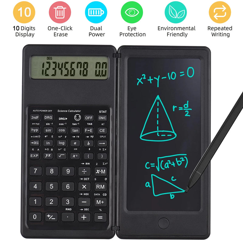 2-In-1 Foldable Scientific Calculator & 2.5 inch Writing Tablet 10 Digit LCD Display For College Office Student Teacher