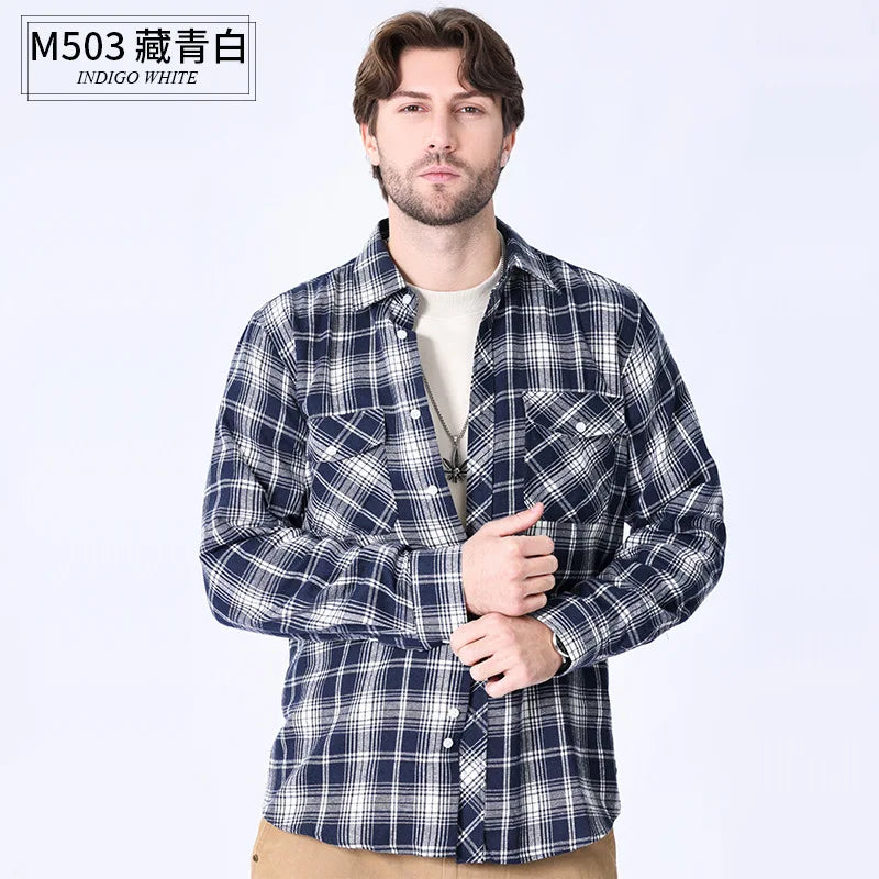 American size men's long-sleeved shirt autumn and winter flannel coat plaid casual non-ironing large size with pockets