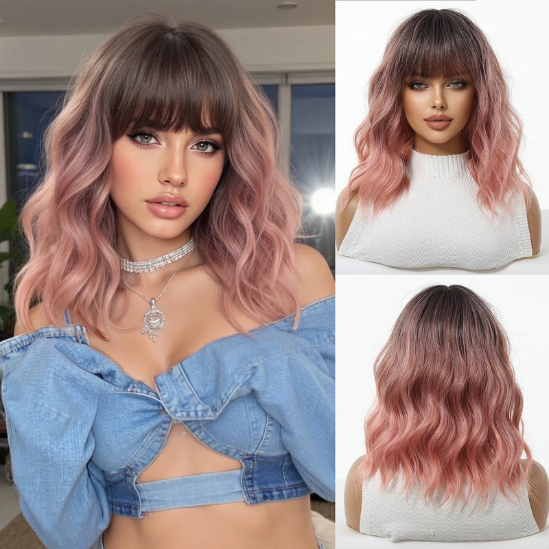 Short Silver Gray Curly Wavy Synthetic Wigs with Bangs for Women Grey Bob Cosplay Party Lolita Natural Hair Wig Heat Resistant
