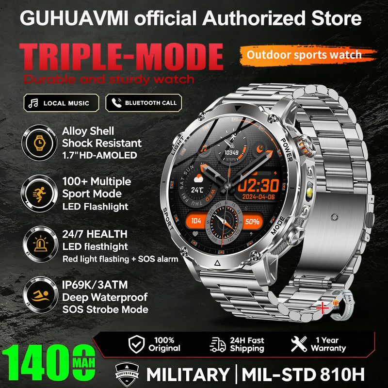 New 1400mAh Battery Sports Smart Watch 1.7” SOS+Flashlight Exercise Record Bluetooth Call Waterproof Health Watch For Android iO