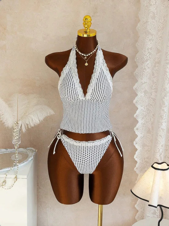 Deep V Lace Polka Dot Tie Front Sexy Bikini Set Designer | SAMAG