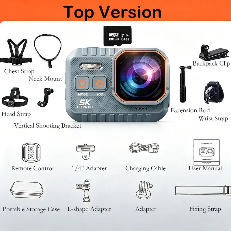 5K UHD Mini Action Camera 30fps Outdoor Sports Buit-in 1050mAh Battery IP68 Waterproof Wifi Camcorder  Bike Helmet Body Camera