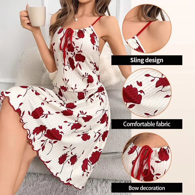 Sexy Women's Floral Print Ribbed Slip Dress Spaghetti | SAMAG