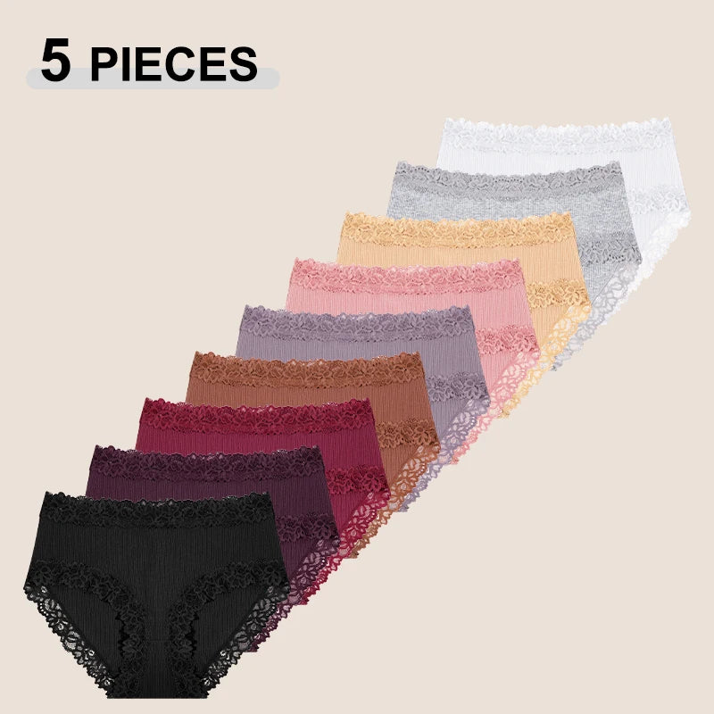 5PCS Seamless Cotton Fabric Panties Women Patchwork Lace Floral Underwear Elastic High Waist Briefs Sexy Female Lingerie S-XXL