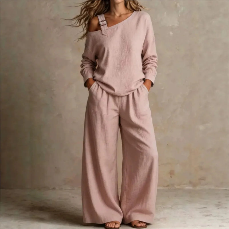 Women sexy one-Shoulder Strap Buckle casual two Piece Sets Autumn Solid Slant Neck Long Sleeve top  Wide Leg Pants Matching Sets