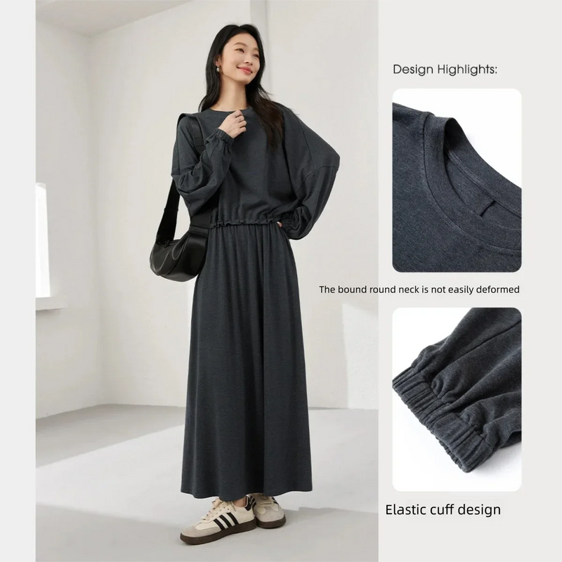 VIMLY Dark Gray Knit Two Piece Set 2026 Autumn Women Round Neck Top High Waist A-line Long Skirt Commuter Matching Outfit A0097