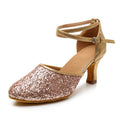 Glitter Women Latin Dance Shoes Closed Toe Ankle Strap Cha Cha Tango Mid Heel Soft Suede Sole Practice Performance Indoor Pumps