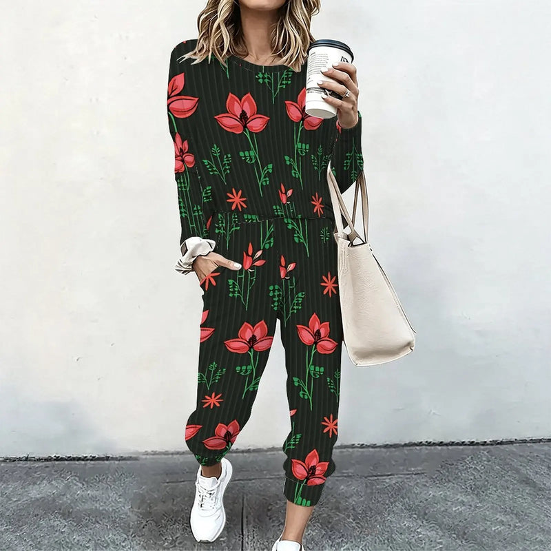 Women 2 Piece Tracksuit Set Print Long Sleeve Crew Neck Top And Jogger Pants Casual Streetwear Outfit With Pockets