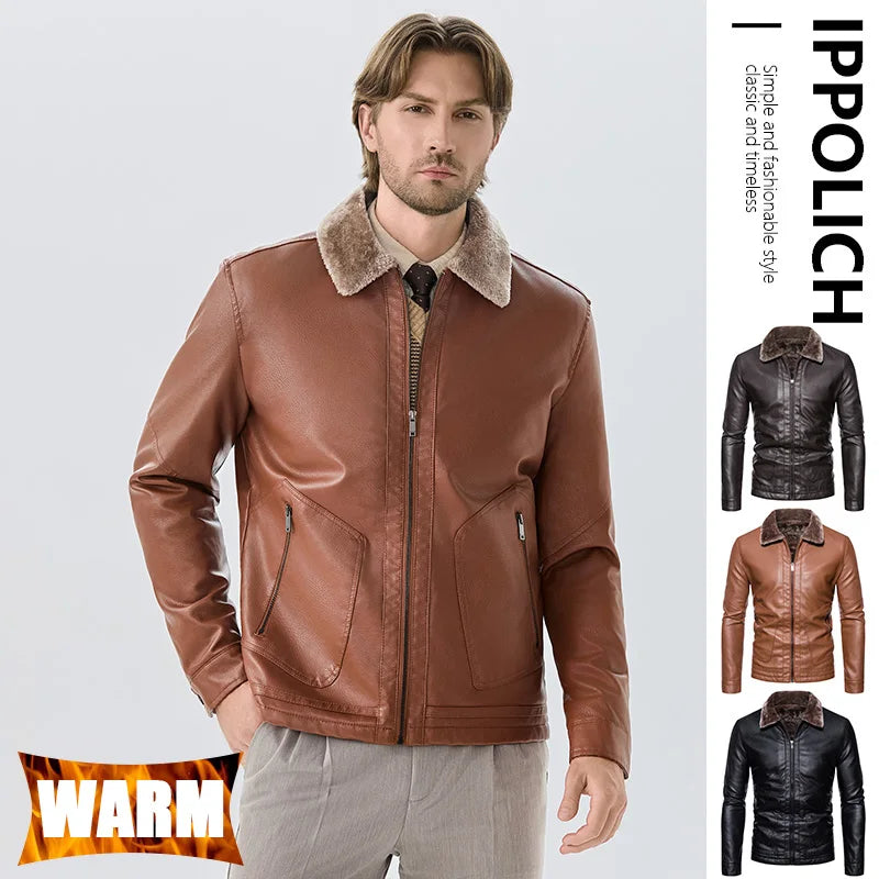Faux Leather Men Jacket Thickened Plush Lining Warm PU Leather Jacket Business Casual Leather Jacket Winter Faux Fur Collar Coat