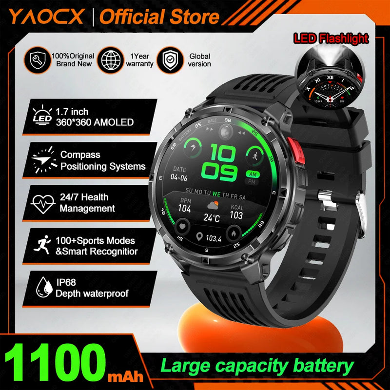 NEW 1100mAh Battery Sports Smart Watch Compass IP68 Waterproof Outdoor Flashlight Voice Assistant Heart Rate BT Call Smart Watch