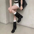 Luxury Women's Boots Slip on Female Mid-calf Boots Retro Biker Boots Fashion Block Heels Women Shoes Pu Leather Zapatos De Mujer