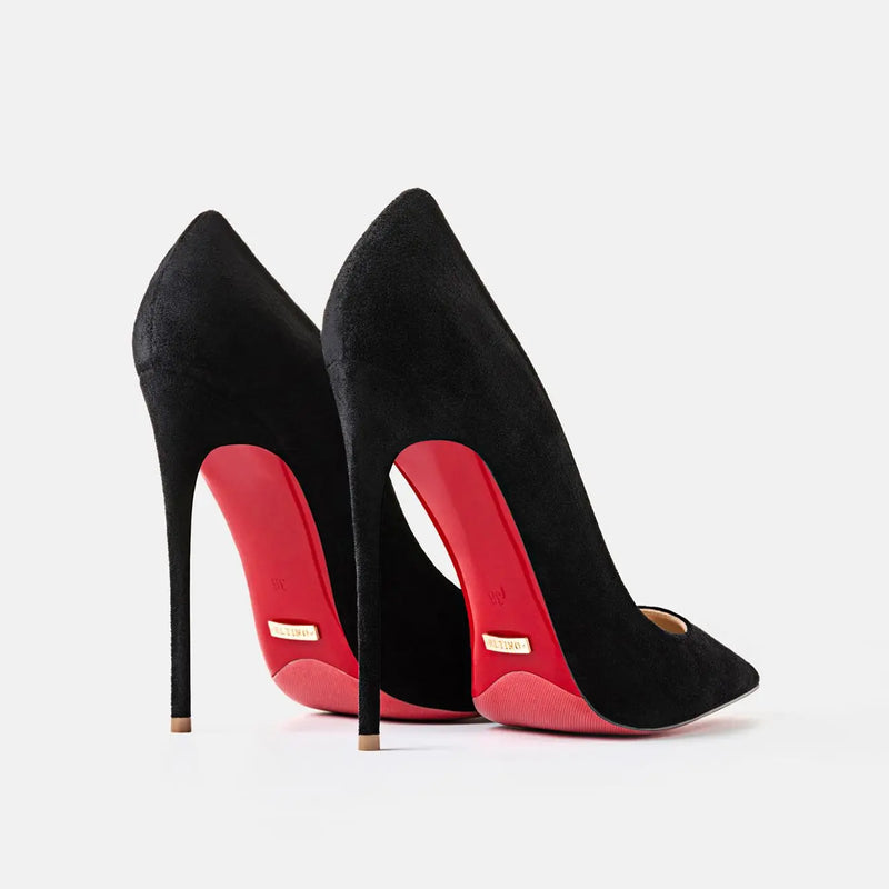 luxury women's shoes Black Suede Elegant Office Shoes Women Brand Pumps Red sole High Heels Pointed Toe Evening Dress Shoes 12cm