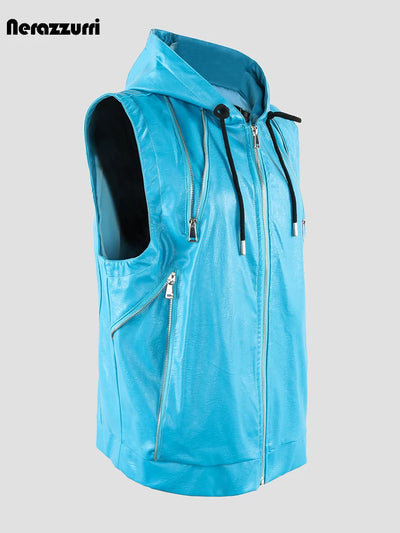 Nerazzurri Summer Autumn Short Black Blue Pu Leather Vest | SAMAG