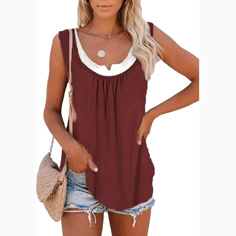 2024 summer new Europe and the United States women's blouse solid color patchwork sleeveless pleated vest T-shirt