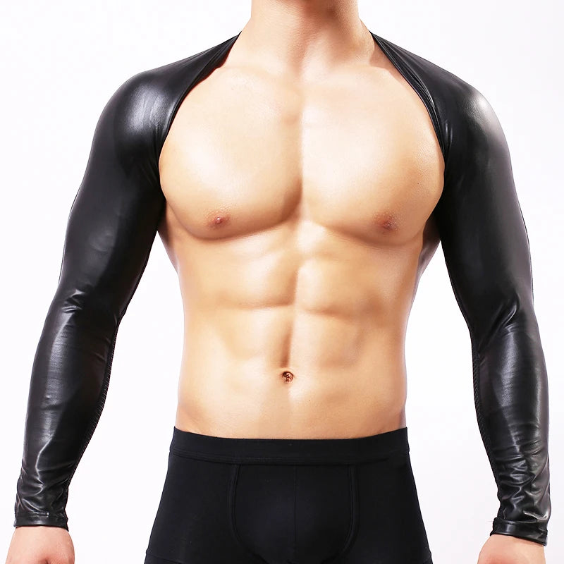 High Quality Men Long Sleeves Arm Shapers Tops Back Shoulder Faux Leather Tops For Men