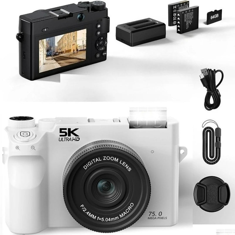 5K Digital Camera for Photography,75MP Point and Shoot Digital Cameras 64GB, Dual Lens 18X Zoom Autofocus, WiFi Vlogging Camera