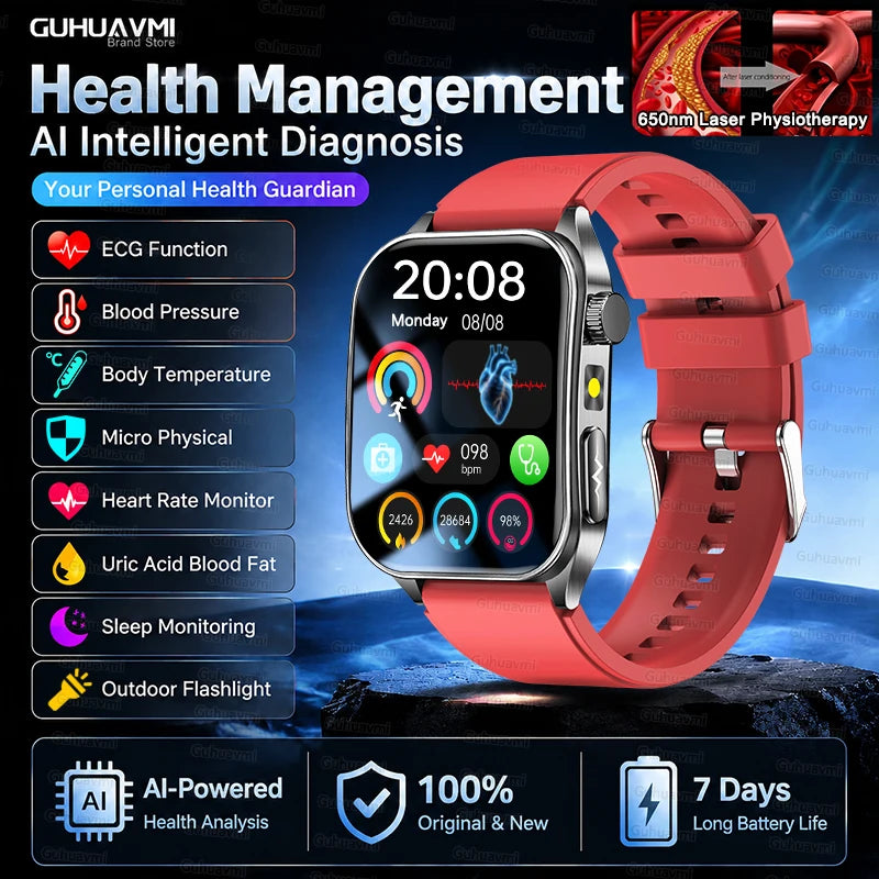 2026 New Non-Invasive Laser Treatment Three High Smart Watch Man ECG Heart Test Blood Fat Uric Acid Smart Watch For Android IOS