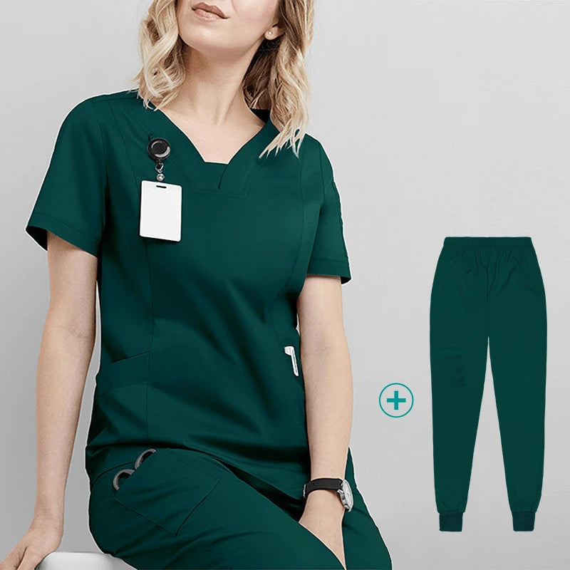 Woman Medical Scrubs Set, V-Neck Short Sleeve Nursing Uniforms With Multi-Pockets, Professional Workwear For Dental Clinic, Sp