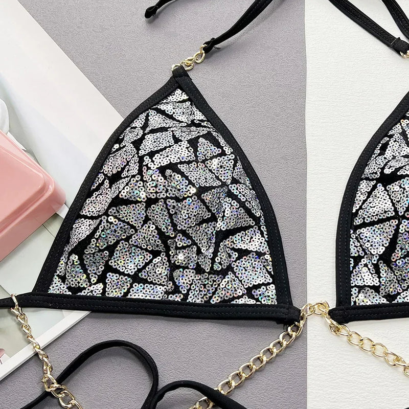 Shiny Bling Halter Metal Chains Sequins Bikini Women | SAMAG