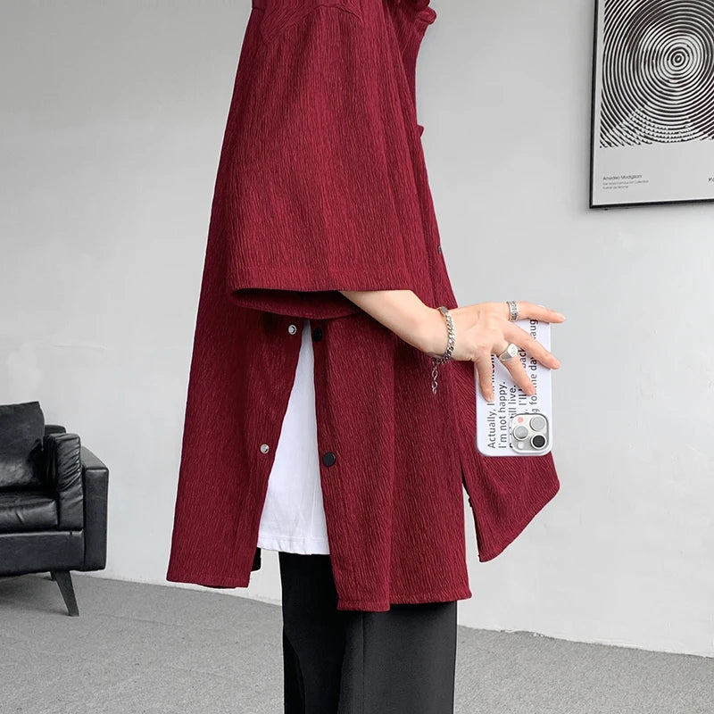 Wine Red Side Buttons Pleated Shirt Black Apricot | SAMAG