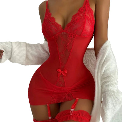 Floral Lace Split Sexy Babydoll Semi-sheer Deep V Bow | SAMAG