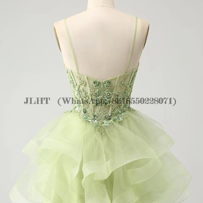 Customized Tiered Tulle A Line Homecoming Dress For Teens Sparkly Lace Applique Beaded Short Prom Dress Mini Cocktail Party Gown