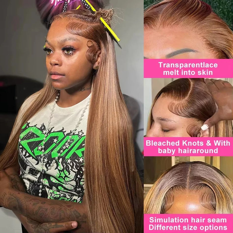 32 Inch 5x5 Straight Highlight HD Lace Front Human Hair 4x4 13x4 Lace Frontal Wigs 4/27 Ombre Honey Blonde Color Wig For Women