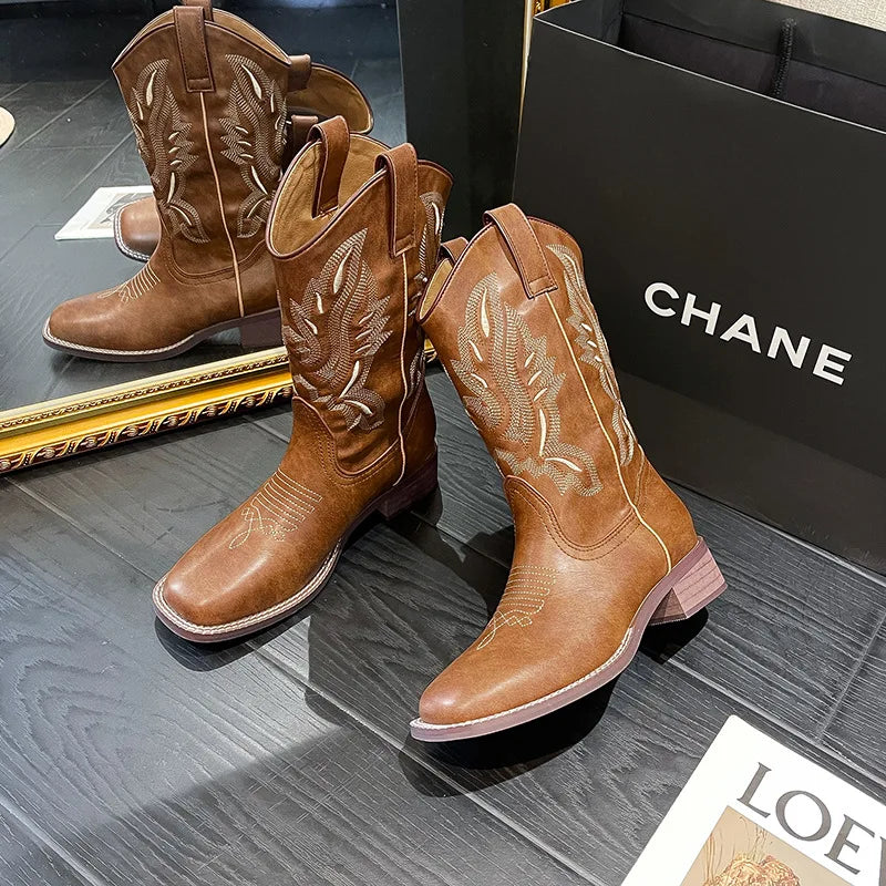 Hot Sale Tenis De Mujer Embroidery Ankle Boots Square Toe Slip-On Women Boots Western Cowboy Boots New Design Zapatos De Mujer