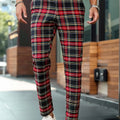 Men's Tartan Plaid Tapered Cropped Dress Pants Viscose Polyamide Elastane Slim Fit Business Casual Ankle‑Length Trousers